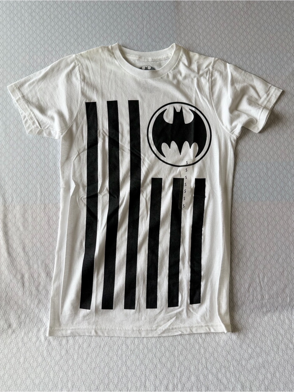 Batman White Tee with Black Logo and Stripes